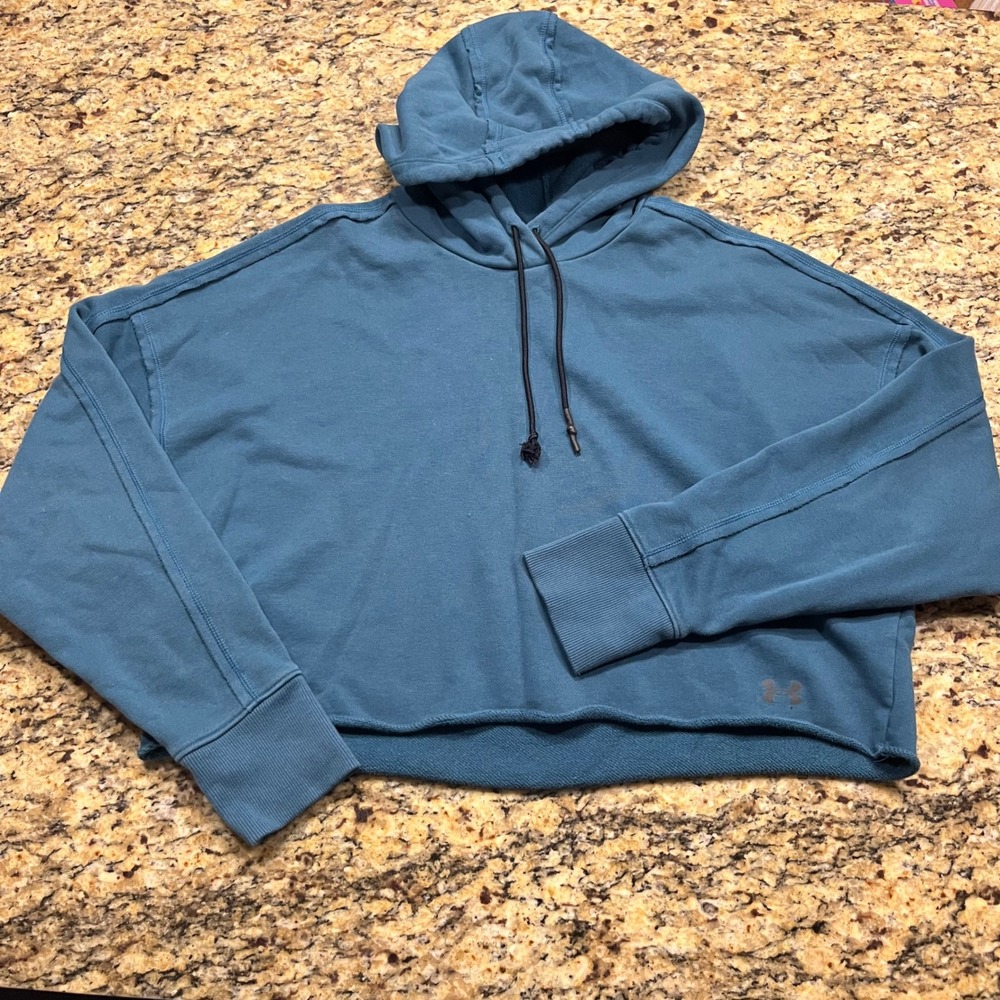 Under Armour Womens Loose Fit Cropped Hoodie Teal Blue French Terry Sweatshirt L